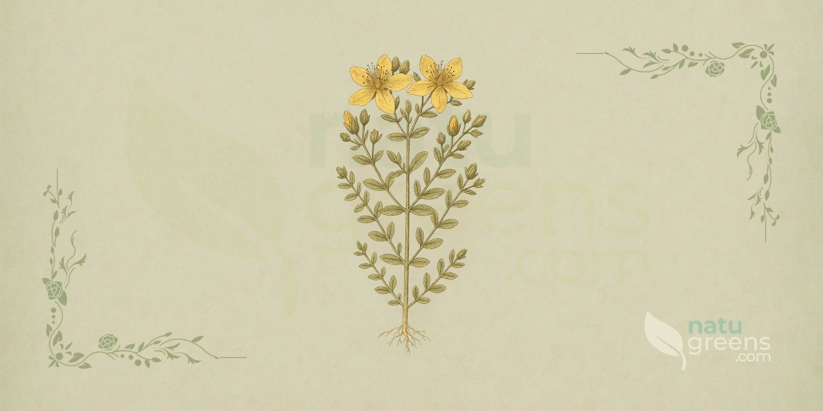 St. John's Wort (Hypericum perforatum): botanical illustration of St. John's wort showing yellow flowers, leaves with translucent glands, and an upright branching stem.