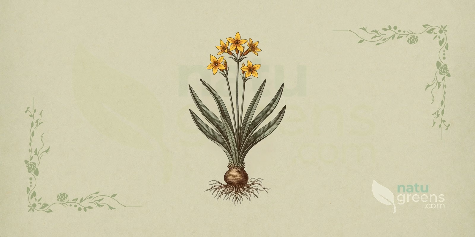 African Potato (Hypoxis hemerocallidea): botanical illustration showing the underground corm, elongated leaves, and star-shaped yellow flowers typical of the african potato.