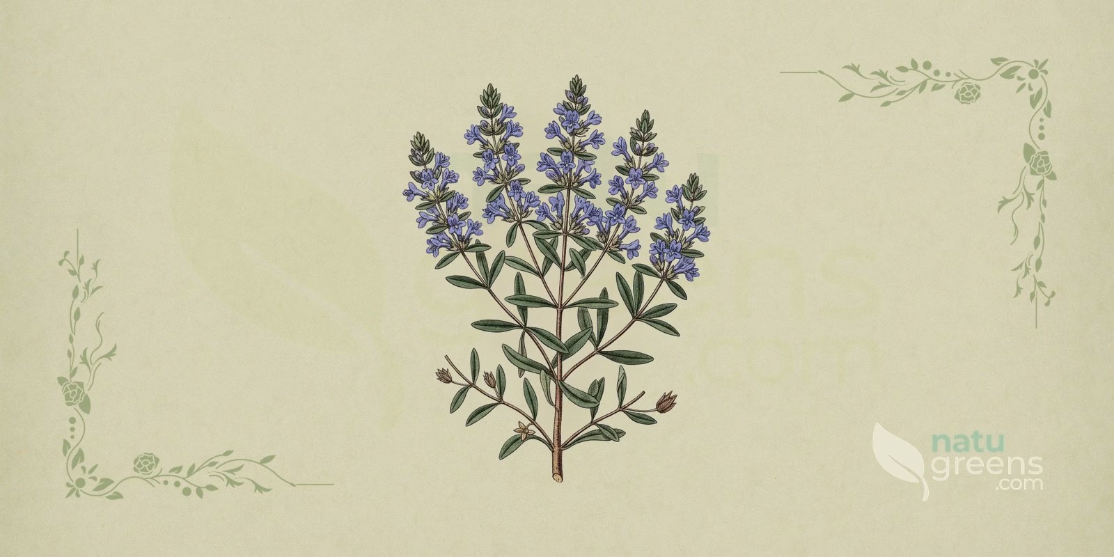 Hyssopus officinalis (Hyzop lekarski): ilustracja botaniczna lancetowatych, naprzeciwległych liści i błękitnych kwiatów w kłosach charakterystycznych dla hyzopu, rośliny aromatycznej z rodziny Lamiaceae.