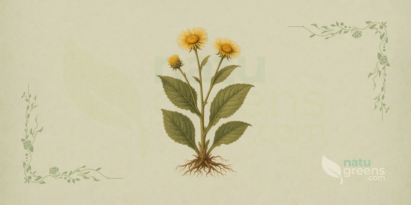 Helenio (Inula helenium): ilustración botánica que muestra la planta con hojas grandes, capítulos florales amarillos y la raíz utilizada en la preparación de té de helenio.