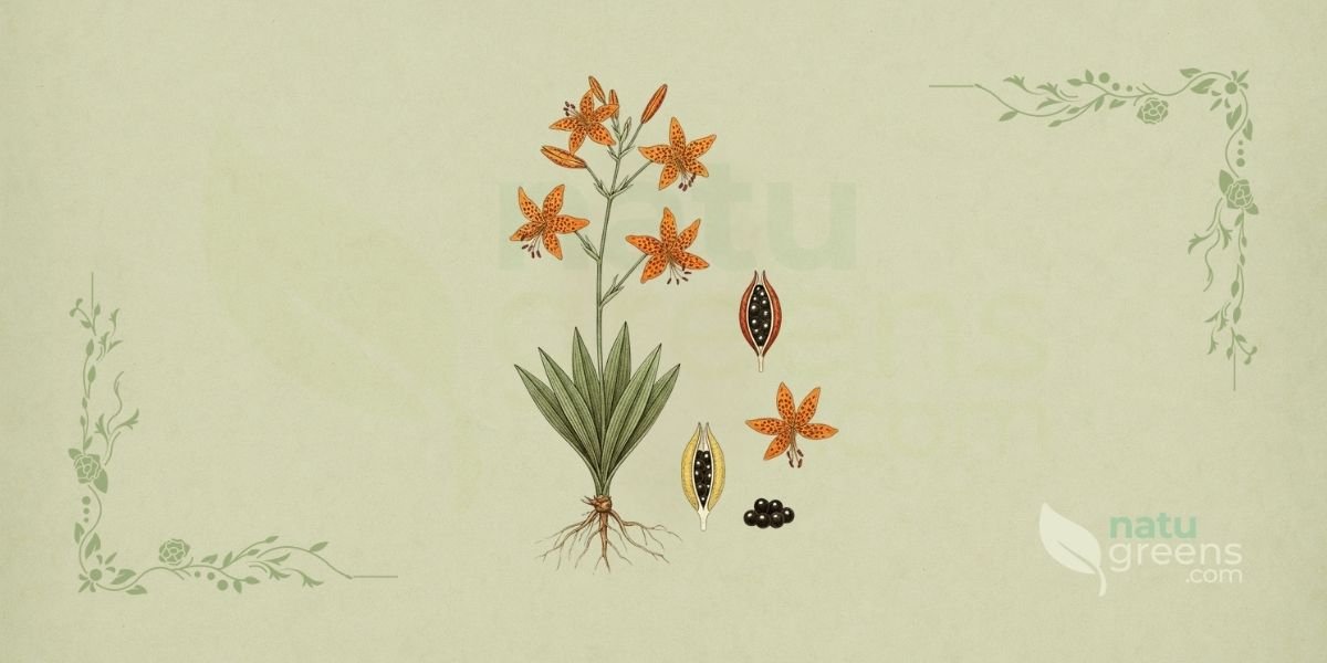 Ilustração botânica detalhada de <em>Iris domestica</em> (flor-leopardo, lírio-leopardo), planta herbácea perene da família Iridaceae, focando no rizoma subterrâneo. O rizoma é robusto, horizontal, com raízes fibrosas e gemas laterais, exibindo a textura e a estrutura que o tornam a parte mais importante da planta para usos medicinais. A ilustração é apresentada em estilo de enciclopédia botânica do século XIX, com fundo de papel de herbário em tonalidade verde-sálvia, destacando a complexidade e a beleza natural da planta.