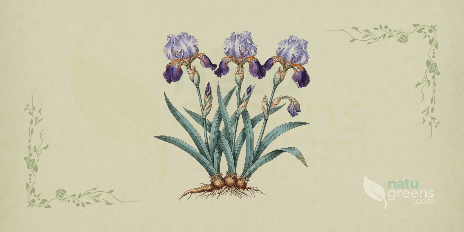 German Iris (Iris germanica) in a botanical illustration, with a flower showing drooping, bearded outer tepals and long sword-shaped leaves, typical features of German iris.