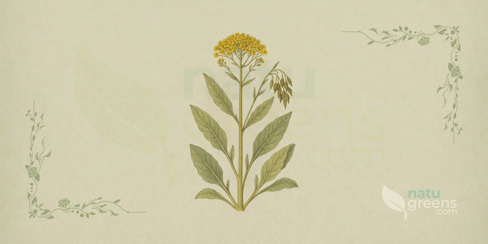Dyer's woad (Isatis tinctoria) in a botanical illustration, with sprays of small yellow flowers gathered in clusters and elongated blue-green leaves; woad, the historic source of blue dye.