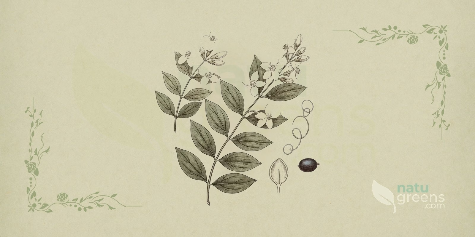 Jasmine (Jasminum officinale) in a botanical illustration, with branches of compound leaves and white star-shaped flowers; detail of common jasmine, a fragrant climber in the Oleaceae family.