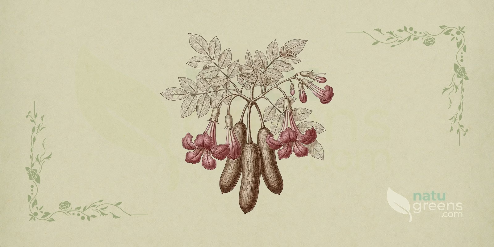 Sausage Tree (Kigelia africana): botanical illustration with elongated hanging fruits, compound leaves and showy flowers; the sausage tree belongs to the Bignoniaceae family.