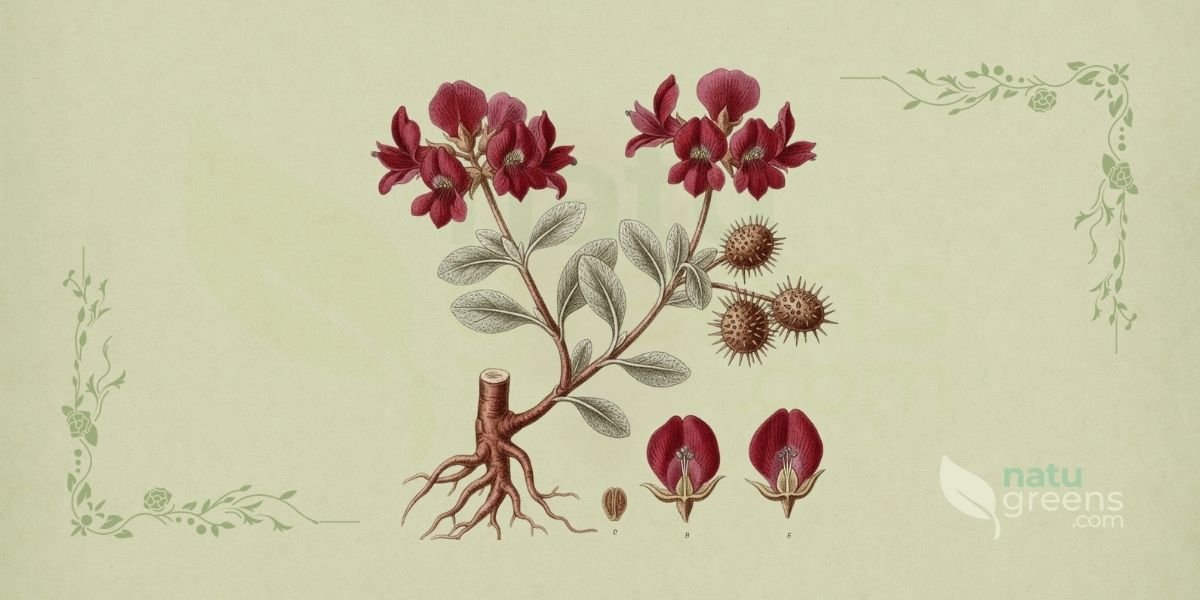 Ilustração botânica de Krameria lappacea (Dombey) Burdet & B.B.Simpson (ratânia, ratânia-do-peru), arbusto hemiparasita da família Krameriaceae, nativo dos Andes sul-americanos, mostrando a planta completa com flores avermelhadas, folhas pequenas e a raiz pivotante, em estilo de enciclopédia botânica do século XIX sobre fundo de papel de herbário, detalhando a estrutura da planta e seu habitat árido.