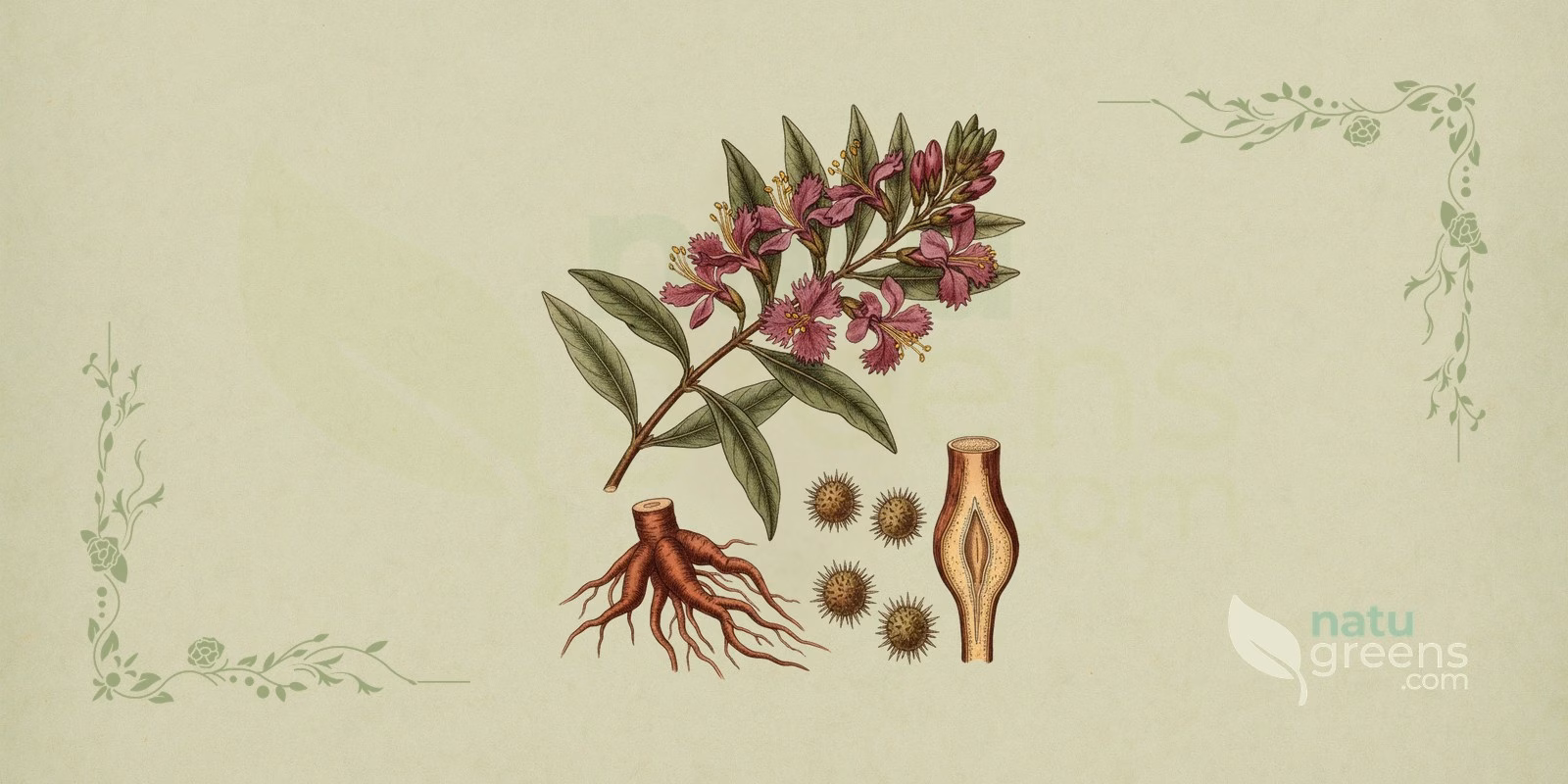 Rhatany (Krameria triandra) in a botanical illustration highlighting the woody, branching root of rhatany, with rough reddish-brown bark, the part of the plant used in traditional preparations