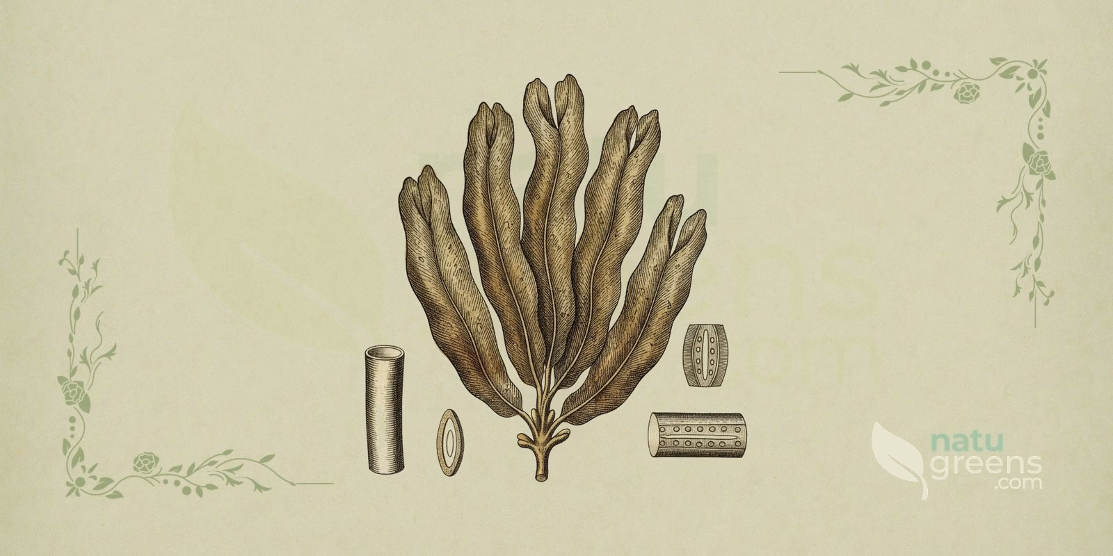 Laminária (Laminaria digitata) em ilustração botânica, com rizoide ramificado, estipe liso e flexível e lâmina parda recortada em faixas como dedos, traço que distingue a laminária de outras algas.