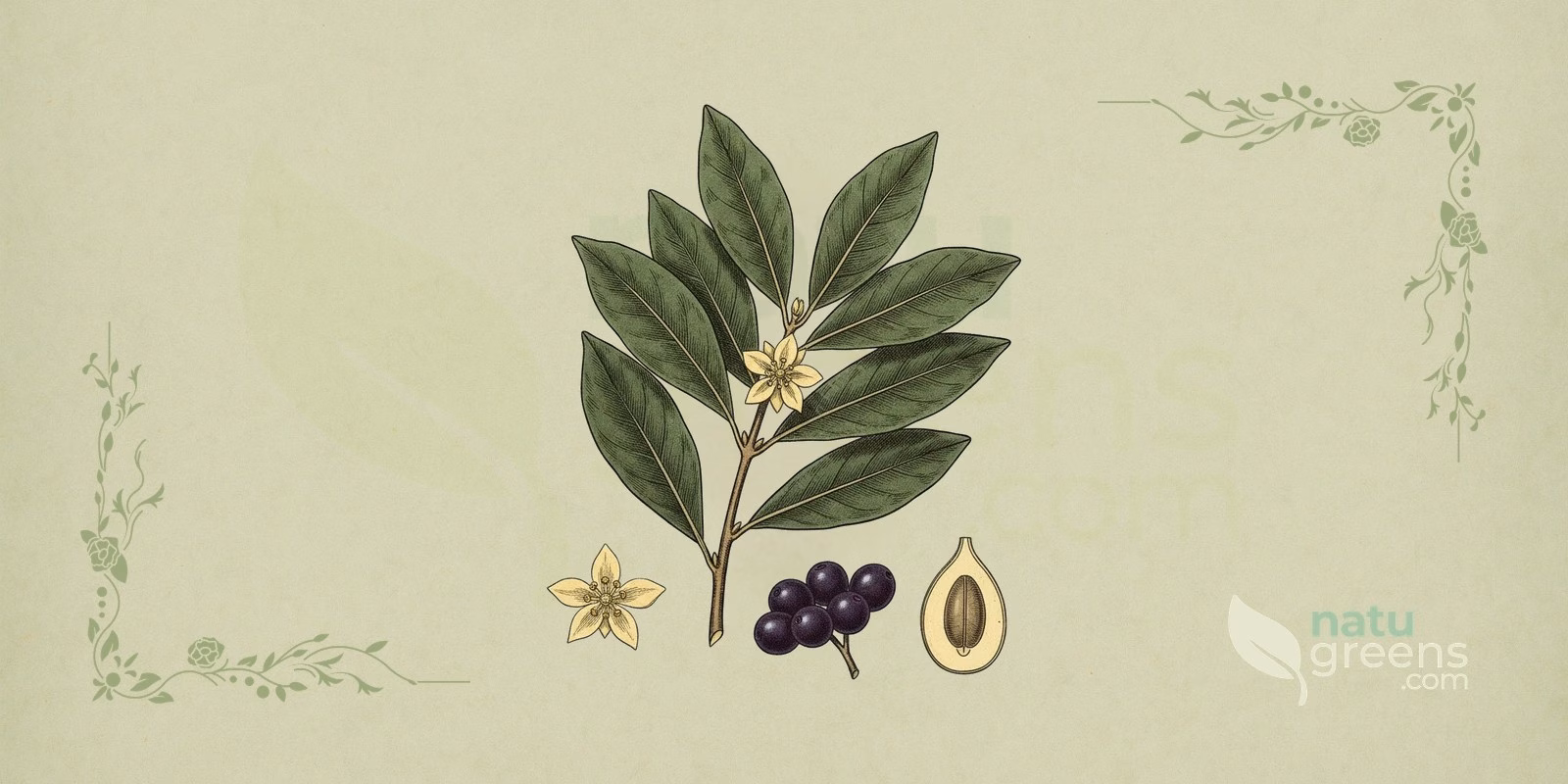 Bay Laurel (Laurus nobilis): botanical illustration showing branches with simple, alternate, aromatic leaves, small flowers, and dark fruits; bay laurel belongs to the Lauraceae family.