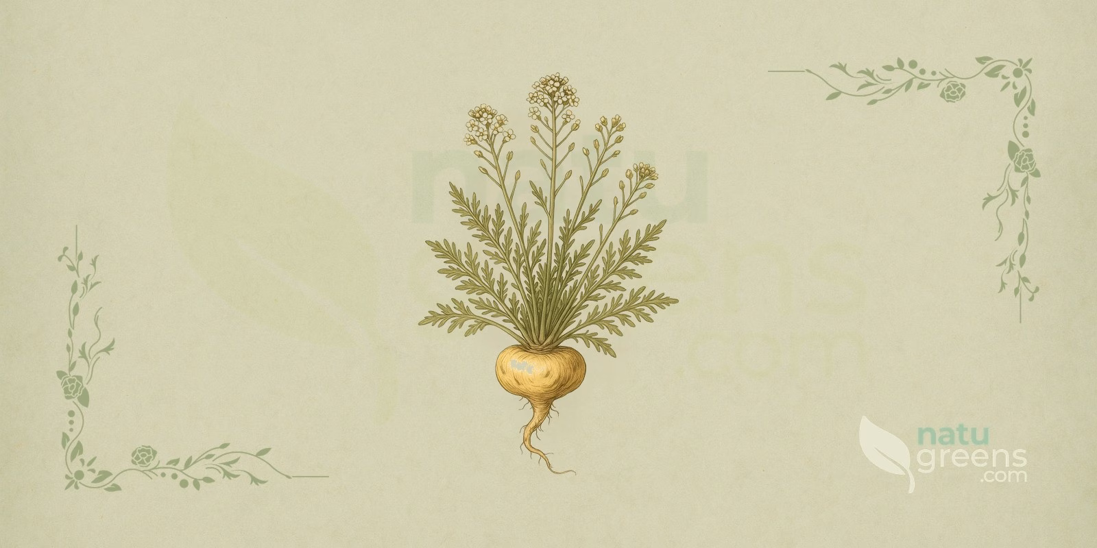 Maca (Lepidium meyenii): botanical illustration of the yellow tuberous root, resembling a radish, with the deeply lobed basal leaves typical of the Brassicaceae family.
