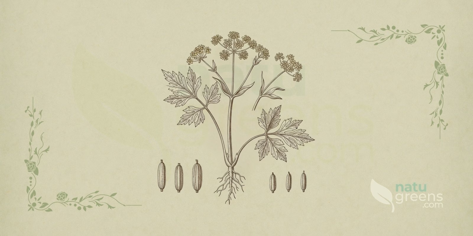 Lovage (Levisticum officinale): botanical illustration showing an upright stem, compound leaves with deeply cut leaflets and umbels of greenish-yellow flowers, features typical of lovage and the Apiaceae family.
