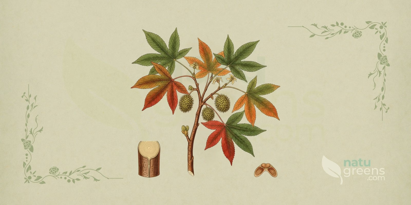 Orientalischer Amberbaum (Liquidambar orientalis) als botanische Illustration im enzyklopädischen Stil: Baum mit gelappten Blättern, unscheinbaren Blüten und kugeligen, stacheligen Früchten des Orientalischen Amberbaums vor salbeigrünem Hintergrund.