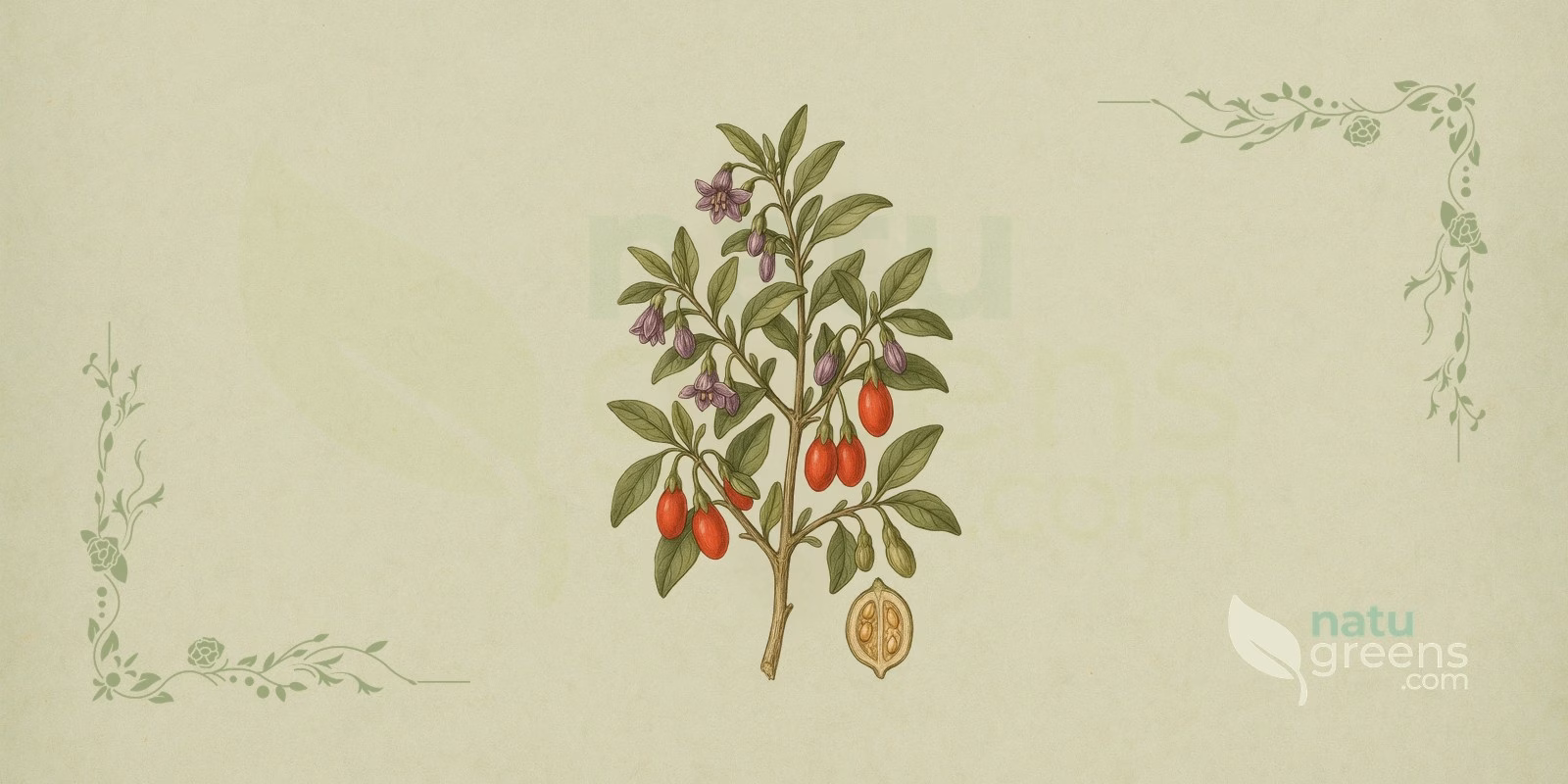 Goji Berry (Lycium barbarum): botanical illustration of the shrub with leaves and bright orange-red berries, the goji berry typical of the Solanaceae family.