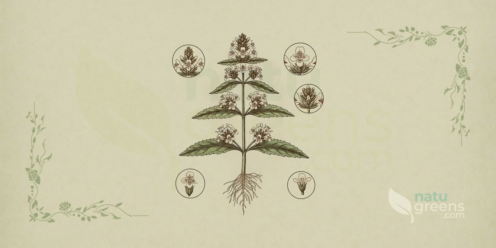 Sværtevæld (Lycopus europaeus) i en botanisk illustration med opret, firkantet stængel, modsatte lancetformede blade med tandet rand og små hvide blomster samlet i bladhjørnerne, typiske træk hos sværtevæld.