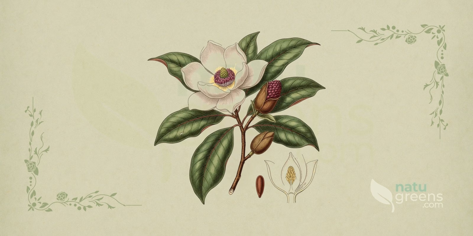 Houpu Magnolia (Magnolia officinalis) in a botanical illustration of the bark, with a rough grayish outer face and a purplish-brown inner face, the part of the magnolia used in the Chinese tradition.