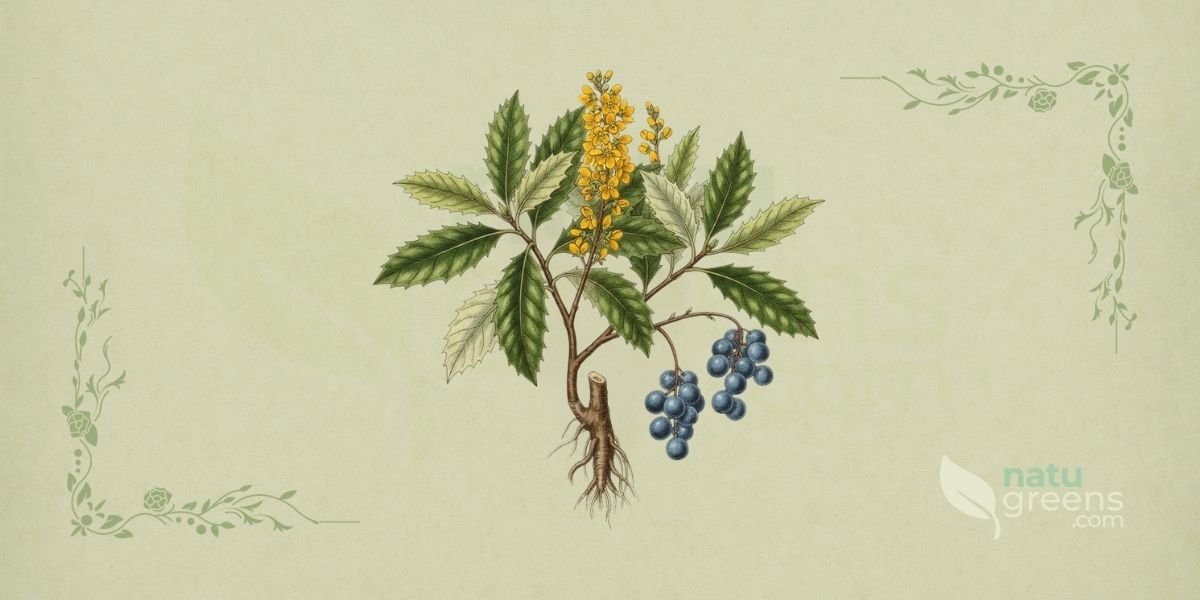 Ilustração botânica de Mahonia aquifolium (Pursh) Nutt. (uva-do-oregon, bérberis-do-oregon, Oregon grape), arbusto perene da família Berberidaceae, nativo da América do Norte, mostrando um ramo com folhas espinhosas e brilhantes de cor verde-escura, cachos de pequenas flores amarelas vibrantes e bagas azul-escuras, semelhantes a uvas, em estilo de enciclopédia botânica do século XIX sobre fundo de papel de herbário com tonalidade verde-sálvia.