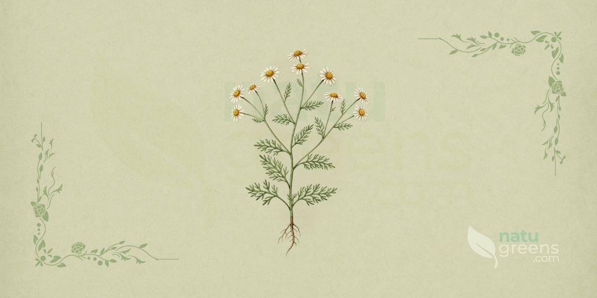 Ilustração botânica de Matricaria chamomilla L. (camomila, camomila-vulgar, camomila-alemã), erva anual aromática da família Asteraceae descrita por Carl Linnaeus em 1753, nativa da Europa e Ásia Ocidental, mostrando planta completa com flores tipo margarida de pétalas brancas radiadas e centro amarelo proeminente cônico, folhas finamente divididas em segmentos filiformes verde-claras, caule delgado ramificado e raiz pivotante, em estilo de enciclopédia botânica do século XIX sobre fundo de papel de herbário.