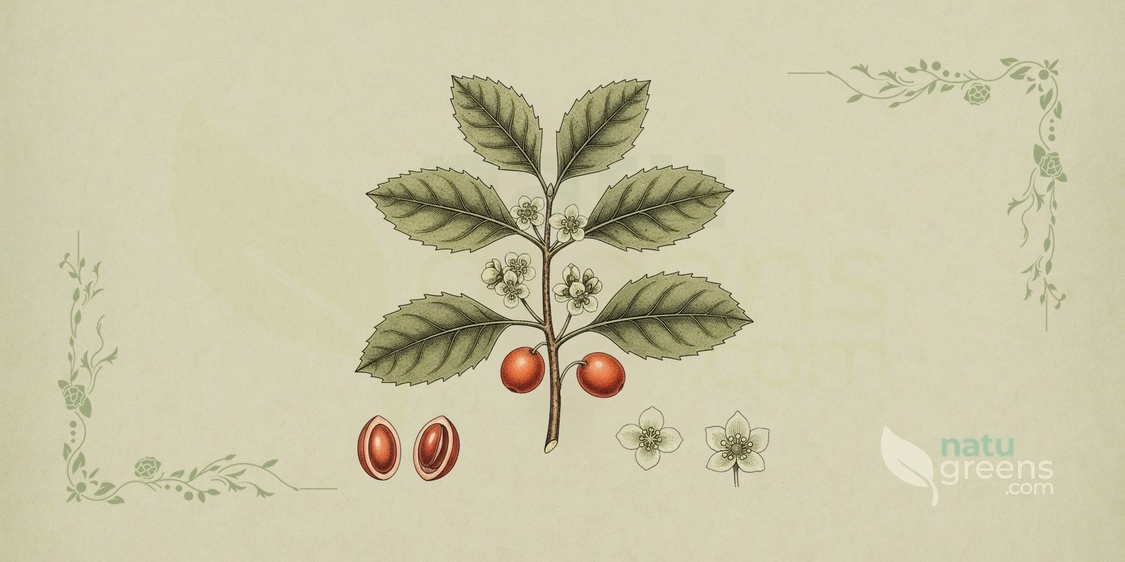 Espinheira Santa (Maytenus ilicifolia): botanical illustration of the perennial shrub with leathery, spiny, glossy leaves resembling holly, characteristic of this Celastraceae species.
