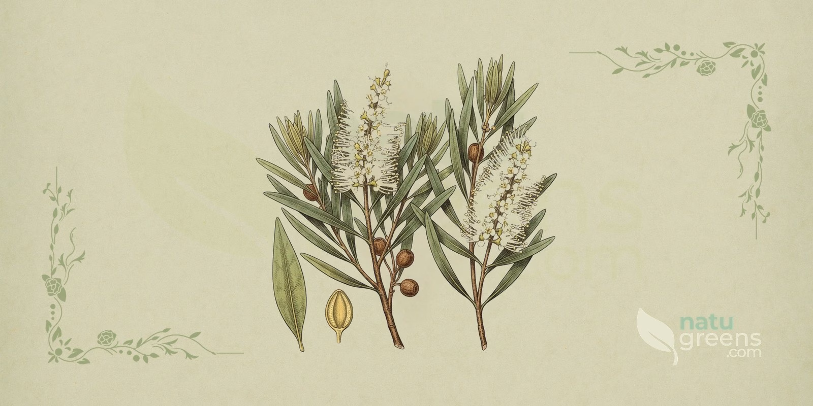 Tetræ (Melaleuca alternifolia) i en botanisk illustration med grene med smalle, linjeformede blade og fjeragtige aks af hvide blomster, træk der gør det lettere at kende tetræ.