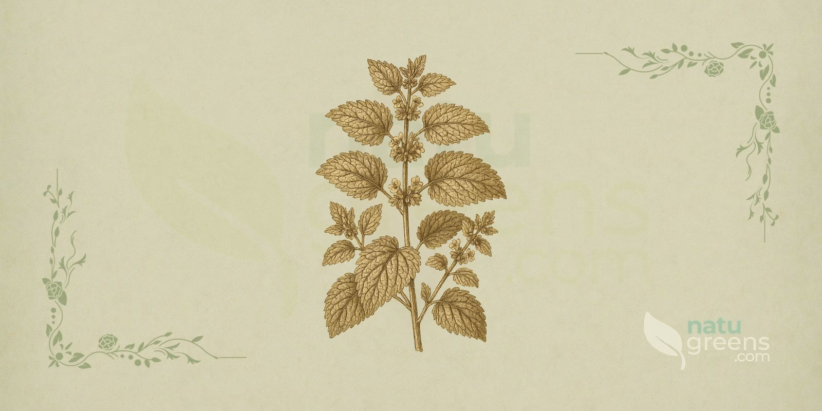 Lemon Balm (Melissa officinalis): botanical illustration showing oval, serrated leaves and the square stems characteristic of the Lamiaceae family.