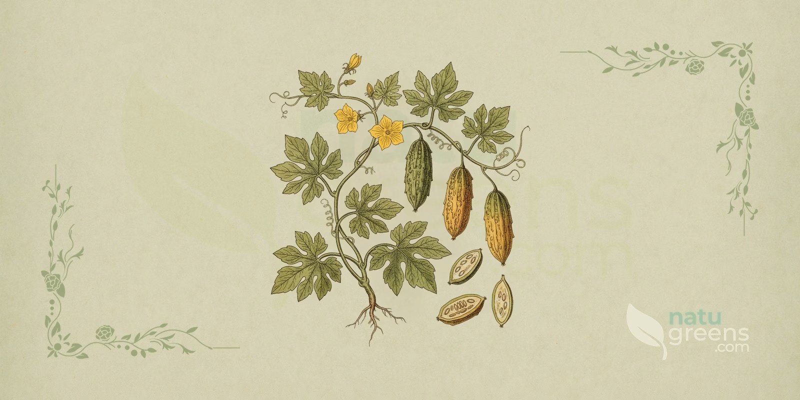 Bitter Melon (Momordica charantia): botanical illustration with climbing stems, tendrils, lobed leaves, yellow flowers and the elongated, rough-skinned fruit typical of bitter melon.