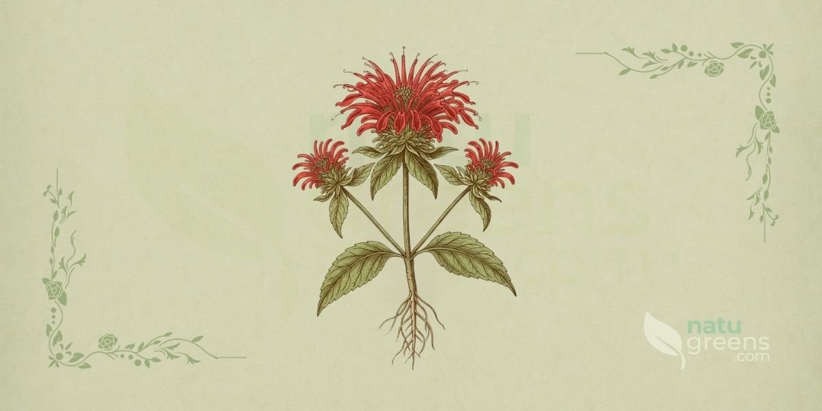 Ilustração botânica de Monarda didyma L. (monarda, bálsamo-de-abelha, Oswego tea), erva perene aromática da família Lamiaceae descrita por Carl Linnaeus, nativa da América do Norte, mostrando um detalhe das suas flores tubulares vibrantes de cor escarlate, dispostas em densos cachos terminais, com brácteas avermelhadas e folhas verde-escuras, em estilo de enciclopédia botânica do século XIX sobre fundo de papel de herbário.