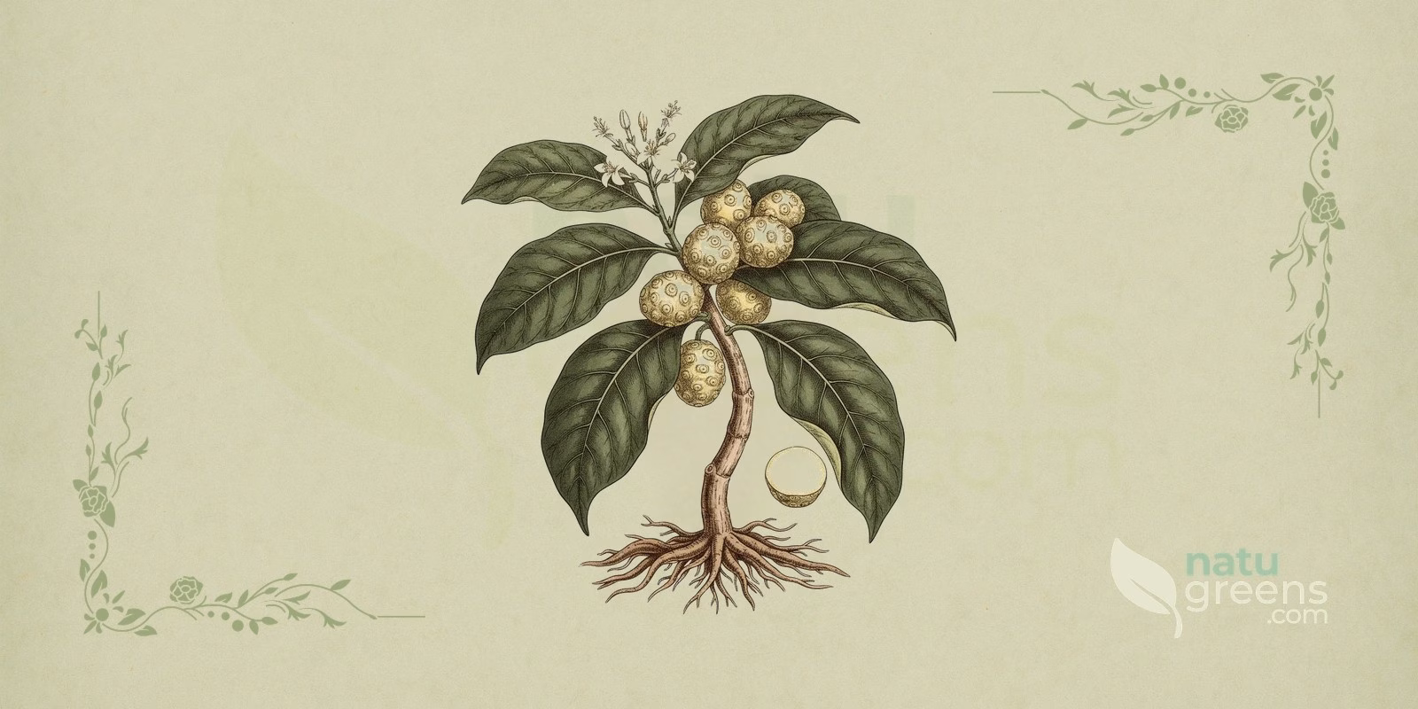 Noni (Morinda citrifolia) in a 19th-century encyclopedic-style botanical illustration, with large glossy leaves, white flowers and yellowish-white fruits with an irregular surface on a herbarium paper background.