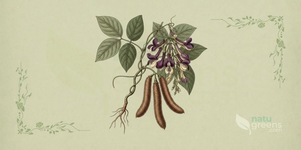 Ilustração botânica de Mucuna pruriens (L.) DC. (feijão-da-Flórida, feijão-veludo, mucunã, pó-de-mico), planta trepadeira anual da família Fabaceae descrita por Carl Linnaeus, nativa da África e Ásia, mostrando planta completa com vagens aveludadas, folhas trifoliadas e flores roxas, em estilo de enciclopédia botânica do século XIX sobre fundo de papel de herbário.