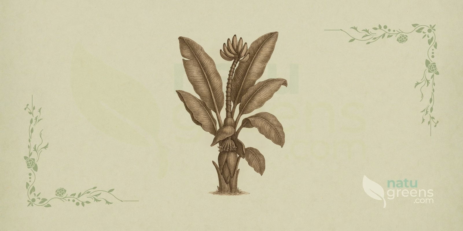 Dwarf Banana (Musa acuminata): botanical illustration showing a bunch of bananas, broad leaves, and the plant's characteristic pseudostem.