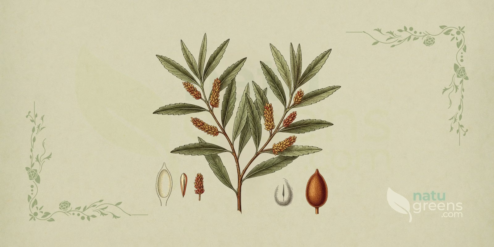 Bog Myrtle (Myrica gale) in a botanical illustration in the style of 19th-century encyclopedias, showing a leafy branch of bog myrtle on a sage-green herbarium paper background.