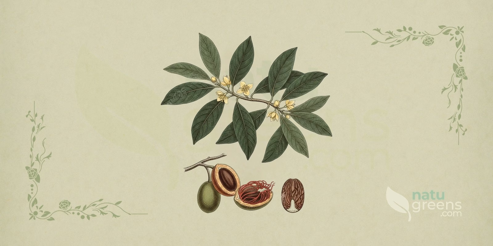 Nutmeg (Myristica fragrans): botanical illustration of the open fruit showing the nutmeg seed wrapped in its bright red aril (mace) and the Myristicaceae tree.