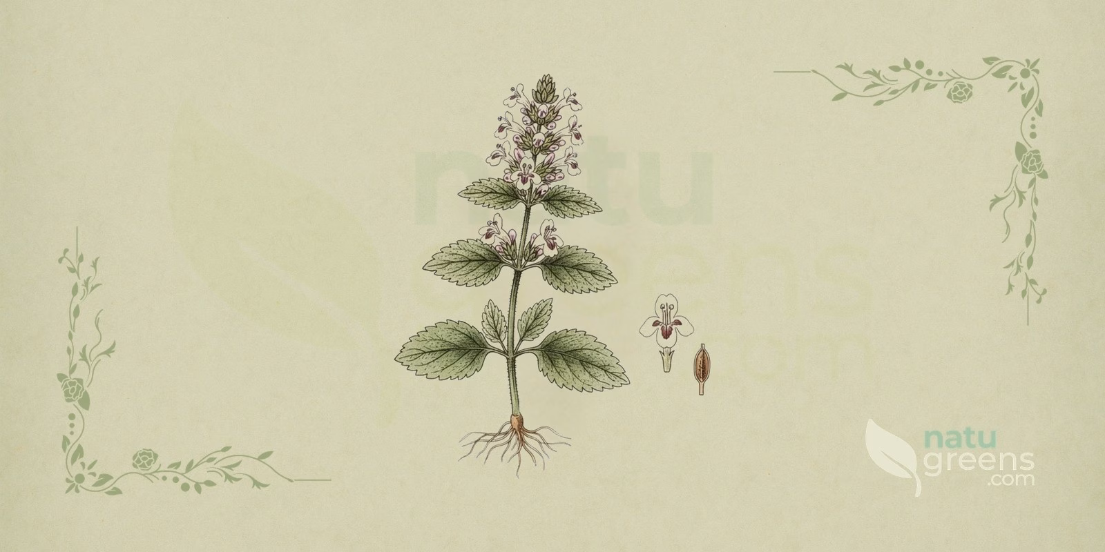 Catnip (Nepeta cataria): botanical illustration with grayish leaves, a square stem, and whitish to pink flowers in spikes, characteristic features of catnip.