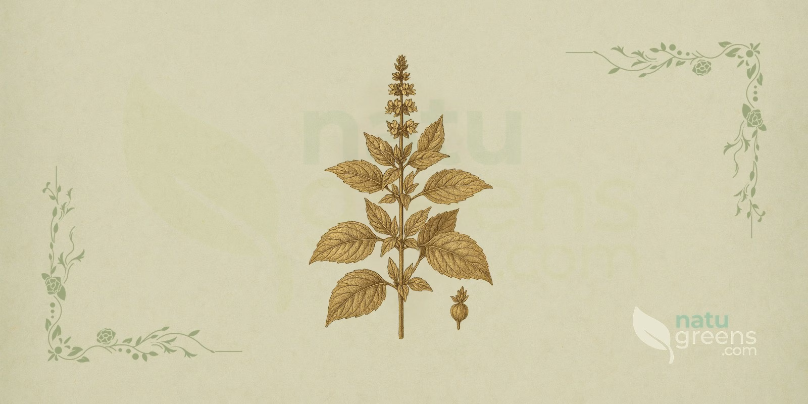 Basil (Ocimum basilicum): botanical illustration with opposite green leaves, a square stem, and white flowers in a spike, the plant used as basil.