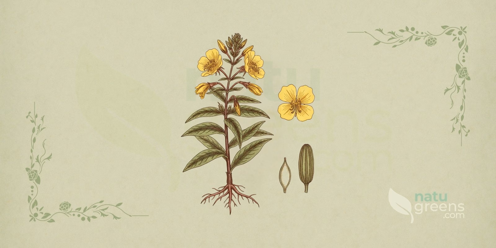 Evening Primrose (Oenothera biennis), botanical illustration with four-petaled yellow flowers, lance-shaped leaves, and erect stem characteristic of evening primrose.