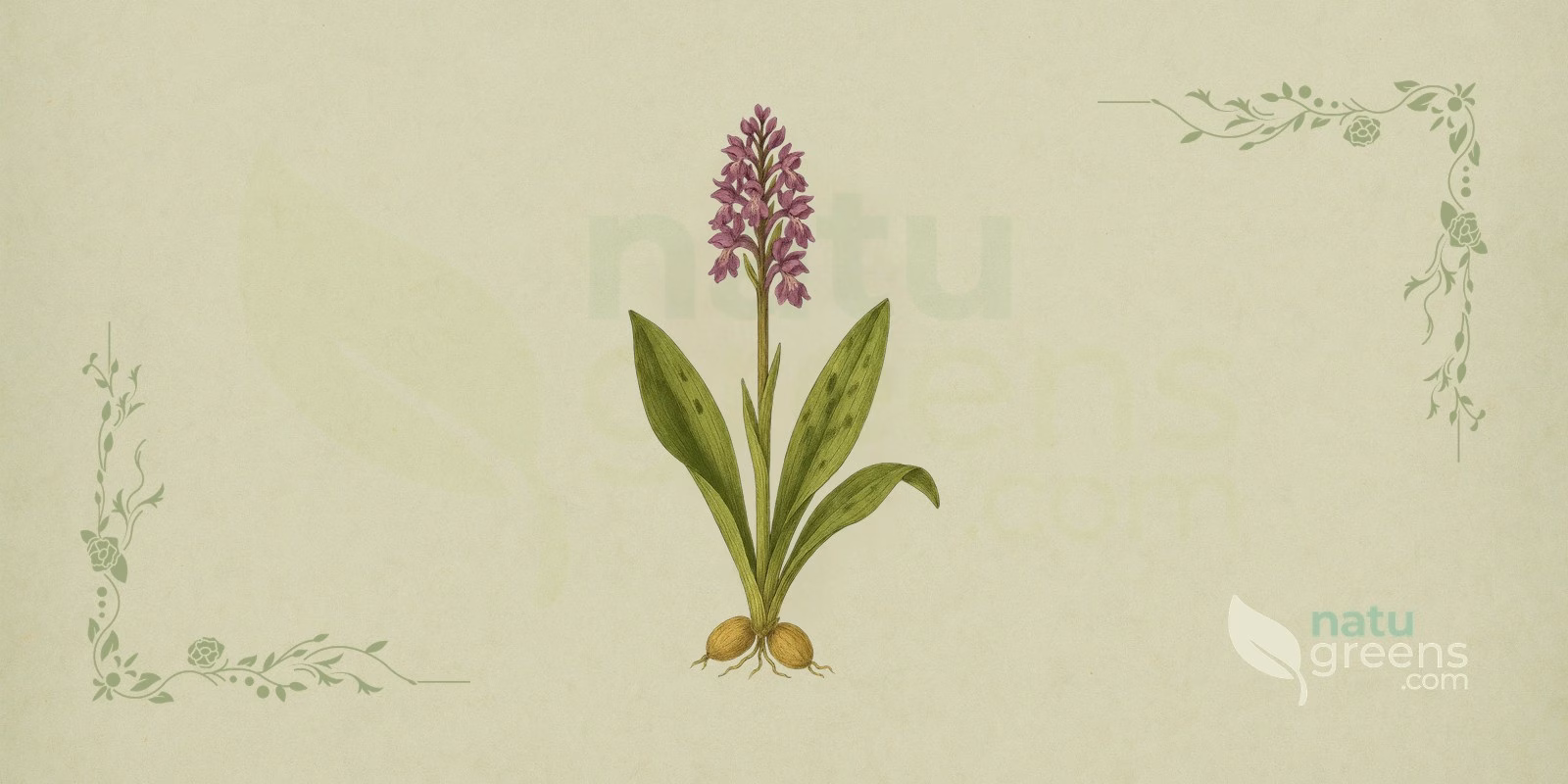Early-Purple Orchid (Orchis mascula) in a botanical illustration, with a spike of purple flowers and basal leaves; the early-purple orchid is the European orchid whose tubers are used to make salep.
