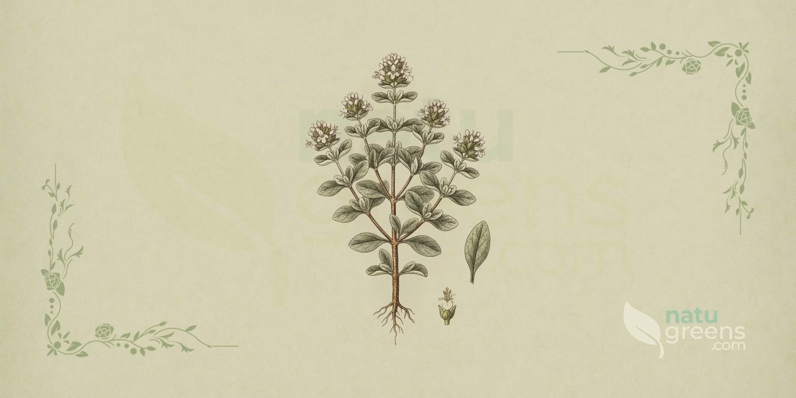 Origanum majorana (Mejram): botanisk illustration av de ovala, sammetslena och grågröna bladen samt de blommande topparna hos mejram.
