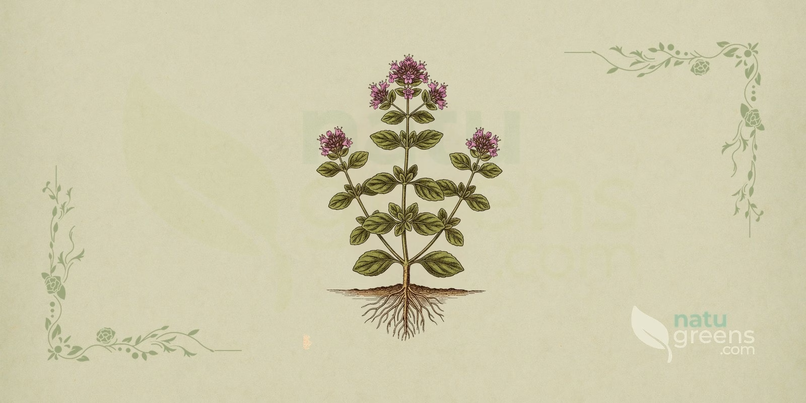 Oregano (Origanum vulgare): botanisk illustrasjon av grener med ovale motstående blader og lilla blomster, som viser den typiske karakteren til Lamiaceae hos denne oreganourten.