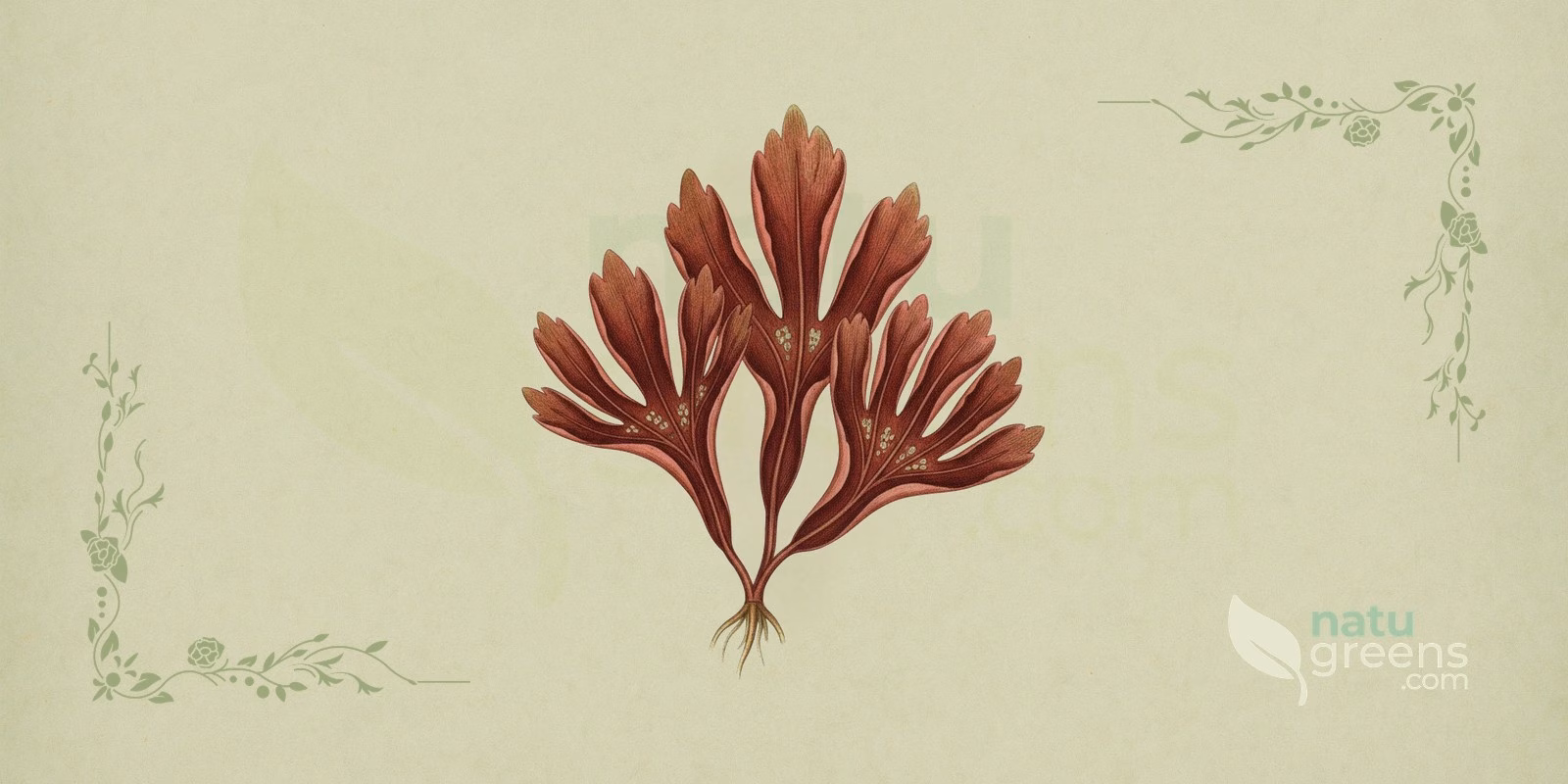 Dulse (Palmaria palmata): botanical illustration of the red alga dulse, showing the flattened, branching fronds typical of this marine macroalga.