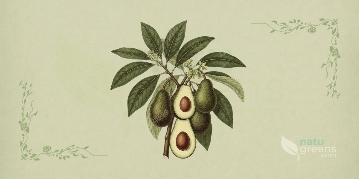 Ilustração botânica de Persea americana Mill. (abacate, avocado, palta), árvore perene da família Lauraceae descrita por Philip Miller em 1768, nativa das Américas Central e do Sul, mostrando árvore robusta com folhagem densa verde-escura, frutos ovais ou piriformes de casca verde e polpa amarelada, e pequenas flores esverdeadas, em estilo de enciclopédia botânica do século XIX.
