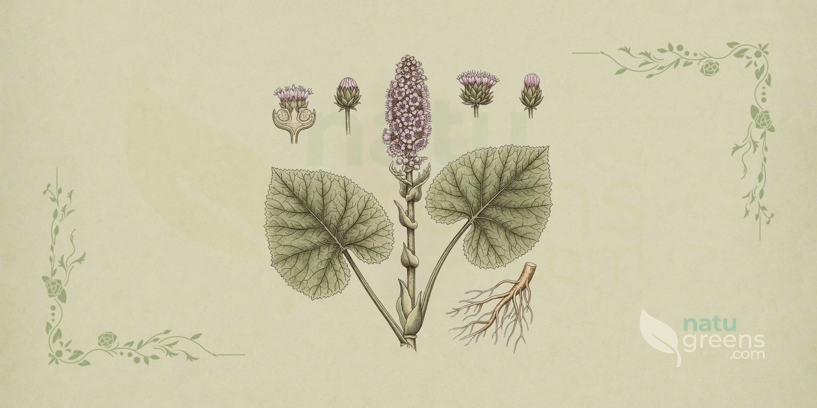 Butterbur (Petasites hybridus): botanical illustration showing large, rounded, heart-shaped leaves and a pink flower spike emerging from the ground before the leaves.