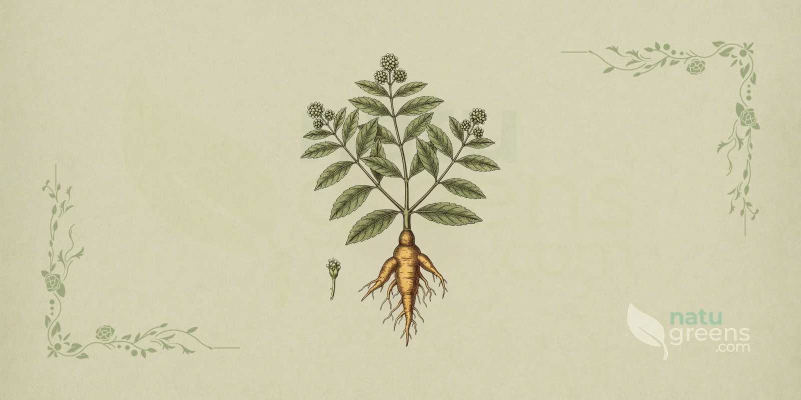 Brazilian Ginseng (Pfaffia paniculata): botanical illustration of the tuberous root and woody vine of brazilian ginseng, a plant of the Amaranthaceae family.