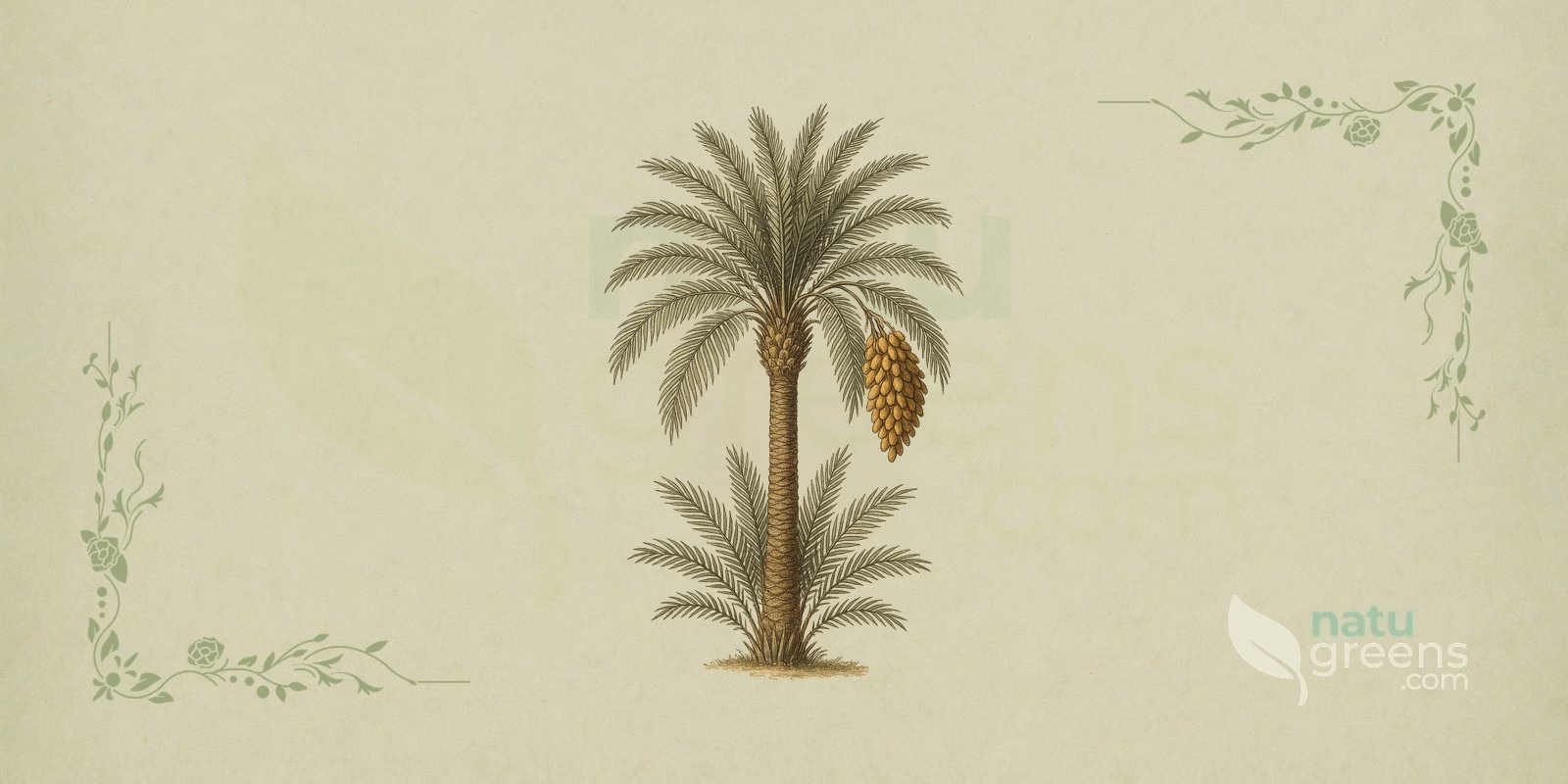 Date Palm (Phoenix dactylifera) in a botanical illustration showing pinnate leaves, fruit clusters and details of the date palm's fruit and seed.