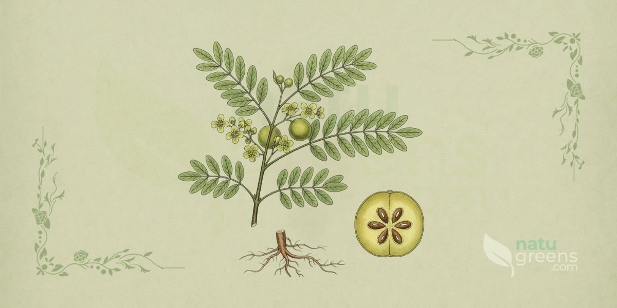 Ilustração botânica de Phyllanthus emblica L. (amla, groselha indiana), árvore decídua da família Phyllanthaceae, mostrando o fruto esférico, verde-amarelado, com seis sulcos verticais, cortado ao meio revelando a polpa e as sementes, em estilo de enciclopédia botânica do século XIX sobre fundo de papel de herbário. O fruto é a parte mais importante da planta, rica em vitamina C e antioxidantes.