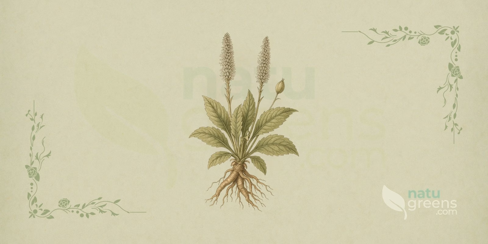 Kutki (Picrorhiza kurroa) in a botanical illustration, with a creeping rhizome, a basal rosette of serrated leaves and dense spikes of small flowers, showing the whole picrorhiza plant and its most used underground part.