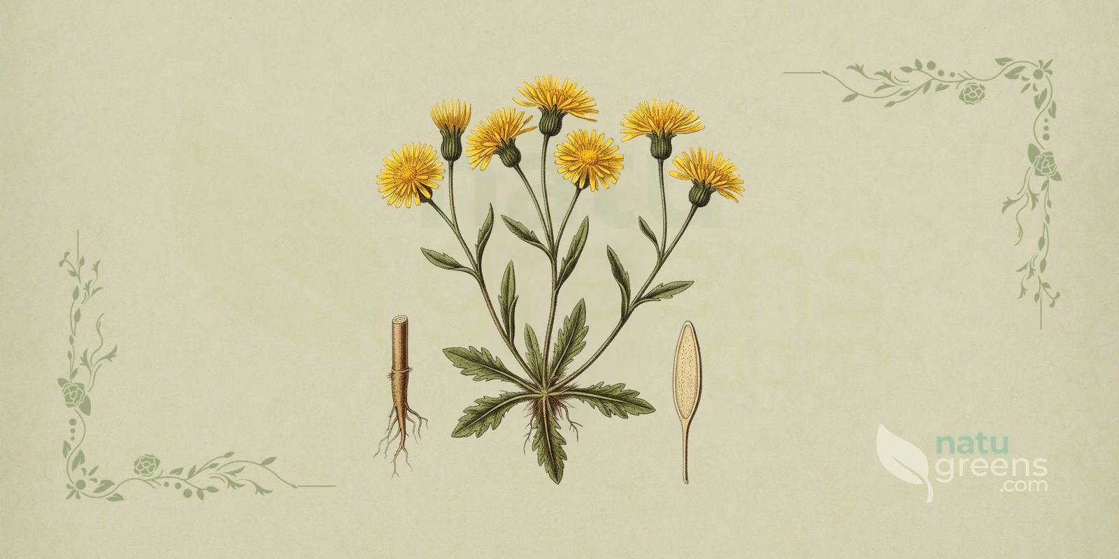 Piloselle (Pilosella officinarum) en illustration botanique montrant les feuilles couvertes de poils et les capitules jaunes de la piloselle.
