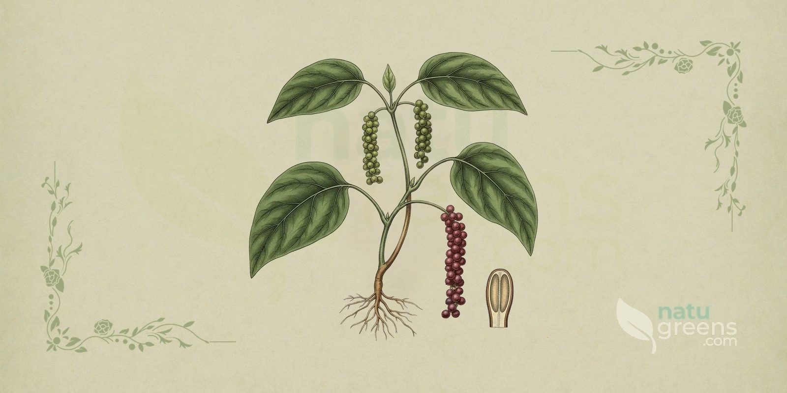 Svartpeppar (Piper nigrum): botanisk illustration som visar klängväxten med blanka gröna blad och klasar av pepparkorn i olika mognadsstadier.