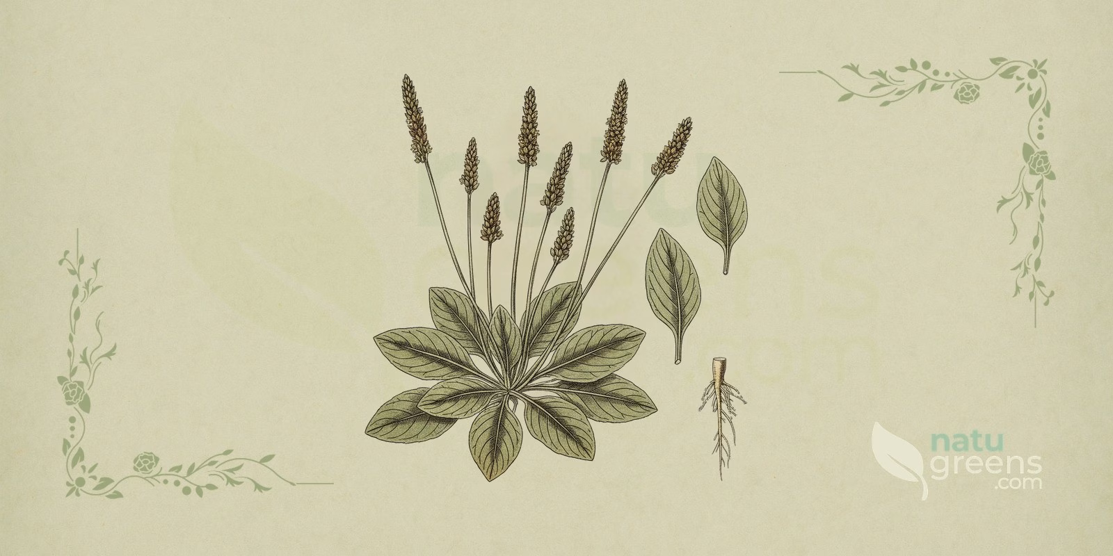 Broadleaf plantain (Plantago major): botanical illustration showing the oval leaves with parallel veins and the typical greenish flower spike of broadleaf plantain.