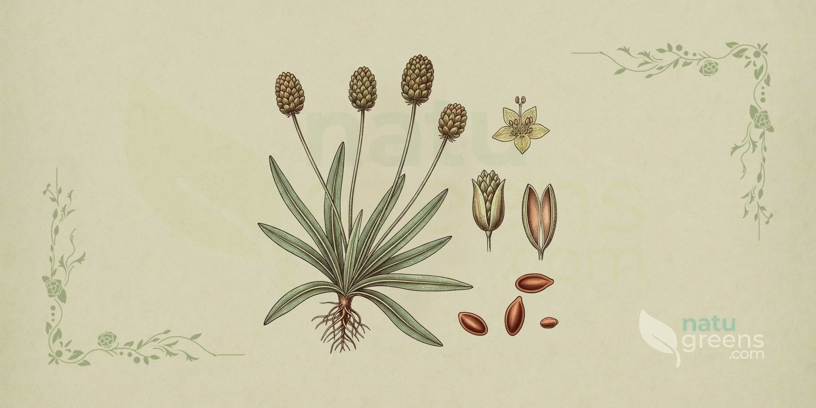 Psyllium (Plantago ovata) in a botanical illustration, showing a basal rosette of narrow, linear leaves, slender stalks and the short, dense spikes of tiny flowers typical of psyllium.