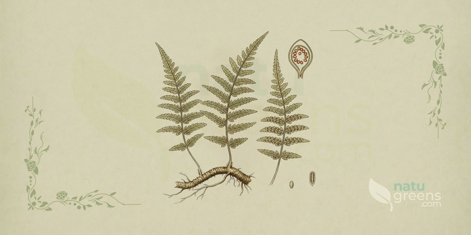 Polypody (Polypodium vulgare) in a botanical illustration showing deeply lobed green fronds, the creeping rhizome and the round sori on the underside of the polypody leaves.