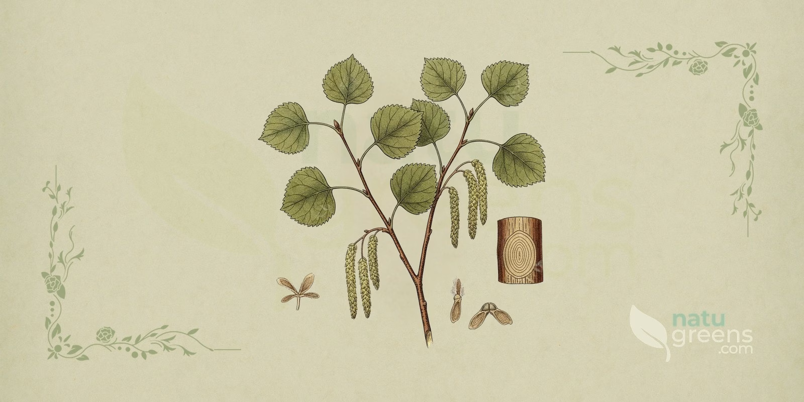 Quaking aspen (Populus tremuloides) in a 19th-century-style botanical illustration, showing the smooth, whitish bark of a young quaking aspen, dark horizontal scars, knots and the furrowed bark of mature trunks.